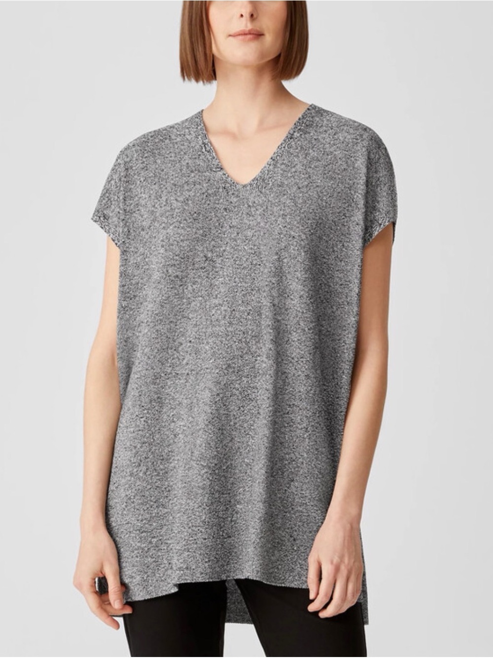 Eileen Fisher Organic Linen Cotton Twist V-Neck Top Medium Black/White